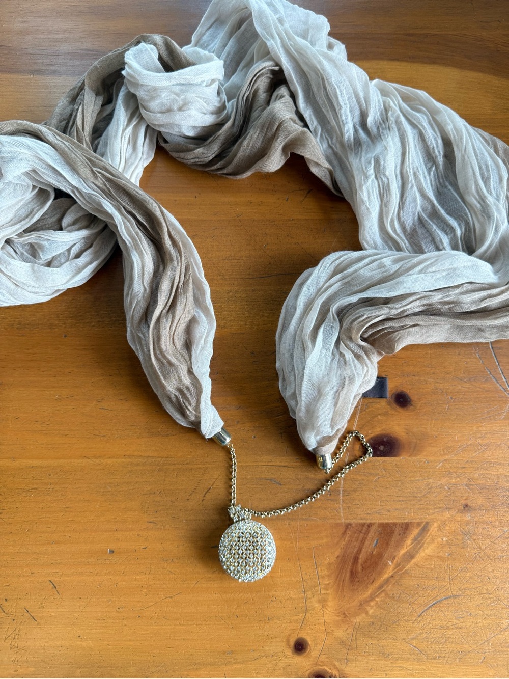 Eyeful Ombre Infinity Scarf with Crystal Pendant Lightweight Wrap Neutral
